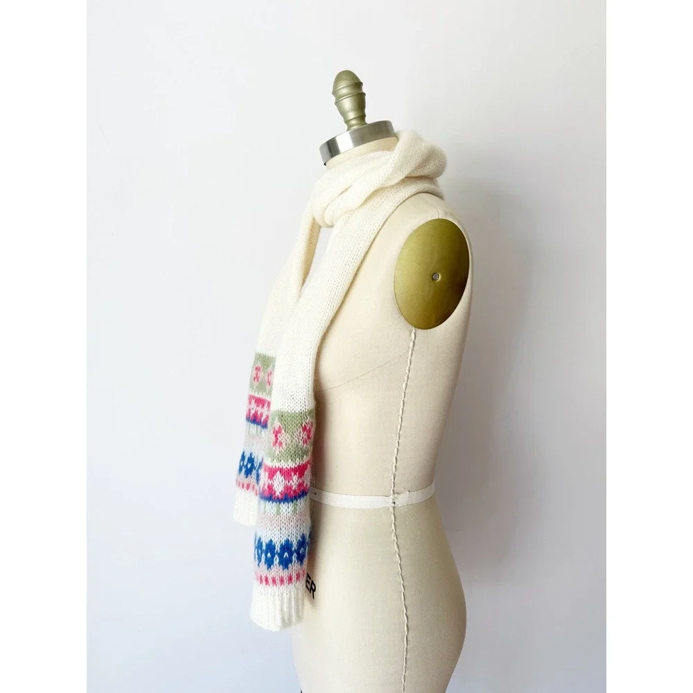 Boden Scarf Cream Fair Isle Mohair Wool Blend Knit Long Winter Scarf